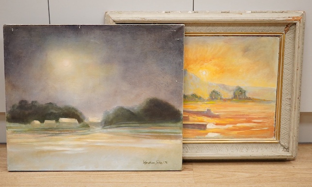 Wyndham Edwin George Giles, two oils, one on board, Moonlit and sunset landscapes, each signed and dated, one unframed, 50 x 61cm. Condition - fair